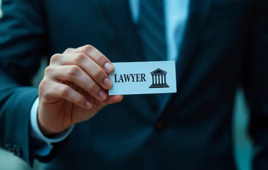 Hand holding a business card labeled "lawyer" in formal suit setting